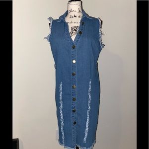 Turn-down Collar Denim Sleeveless Bodycon Dress